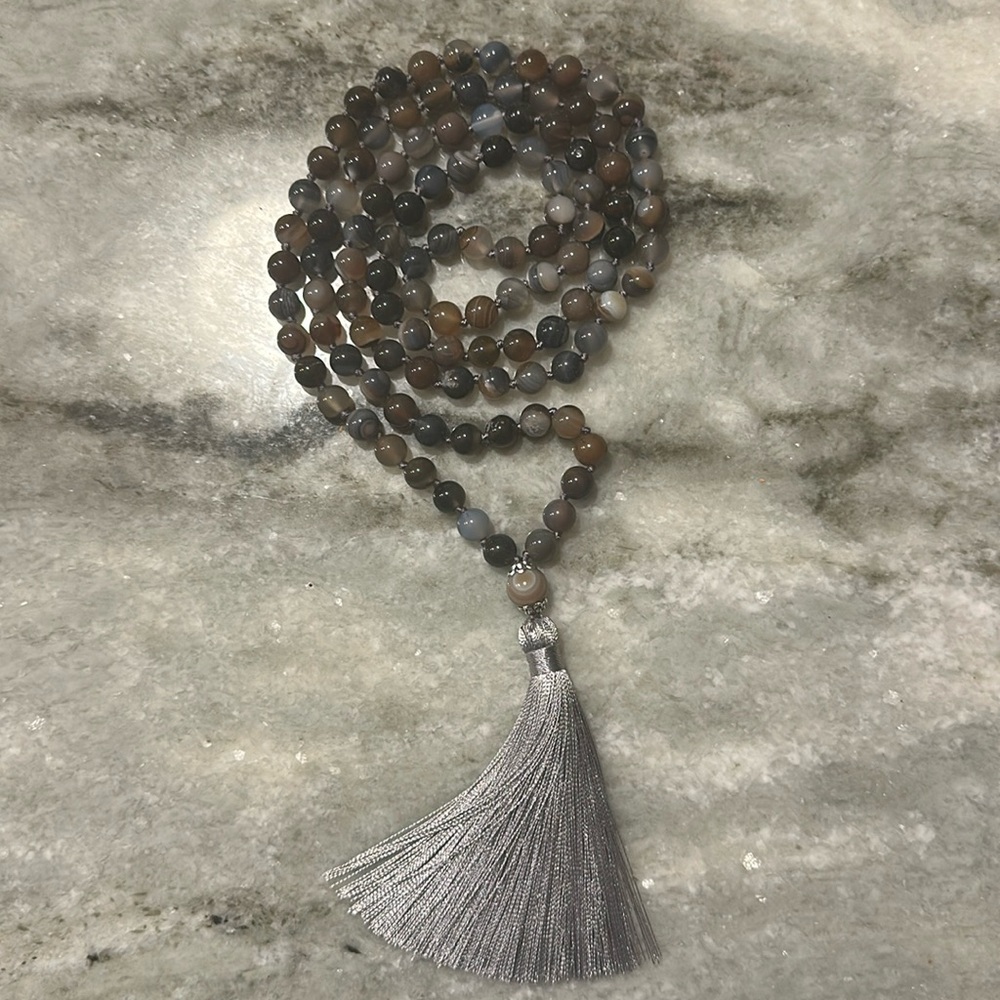Reiki Infused Natural Agate Mala Beads Necklace